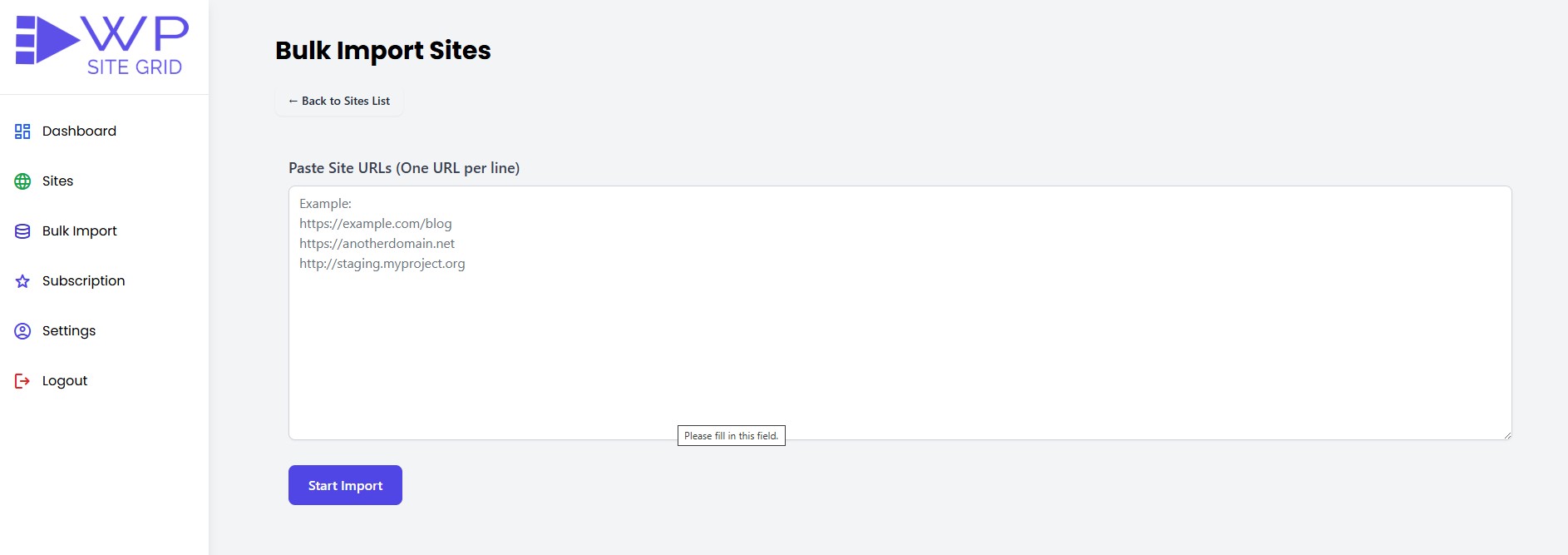 WPSitegrid Dashboard Screenshot - Unified site management interface